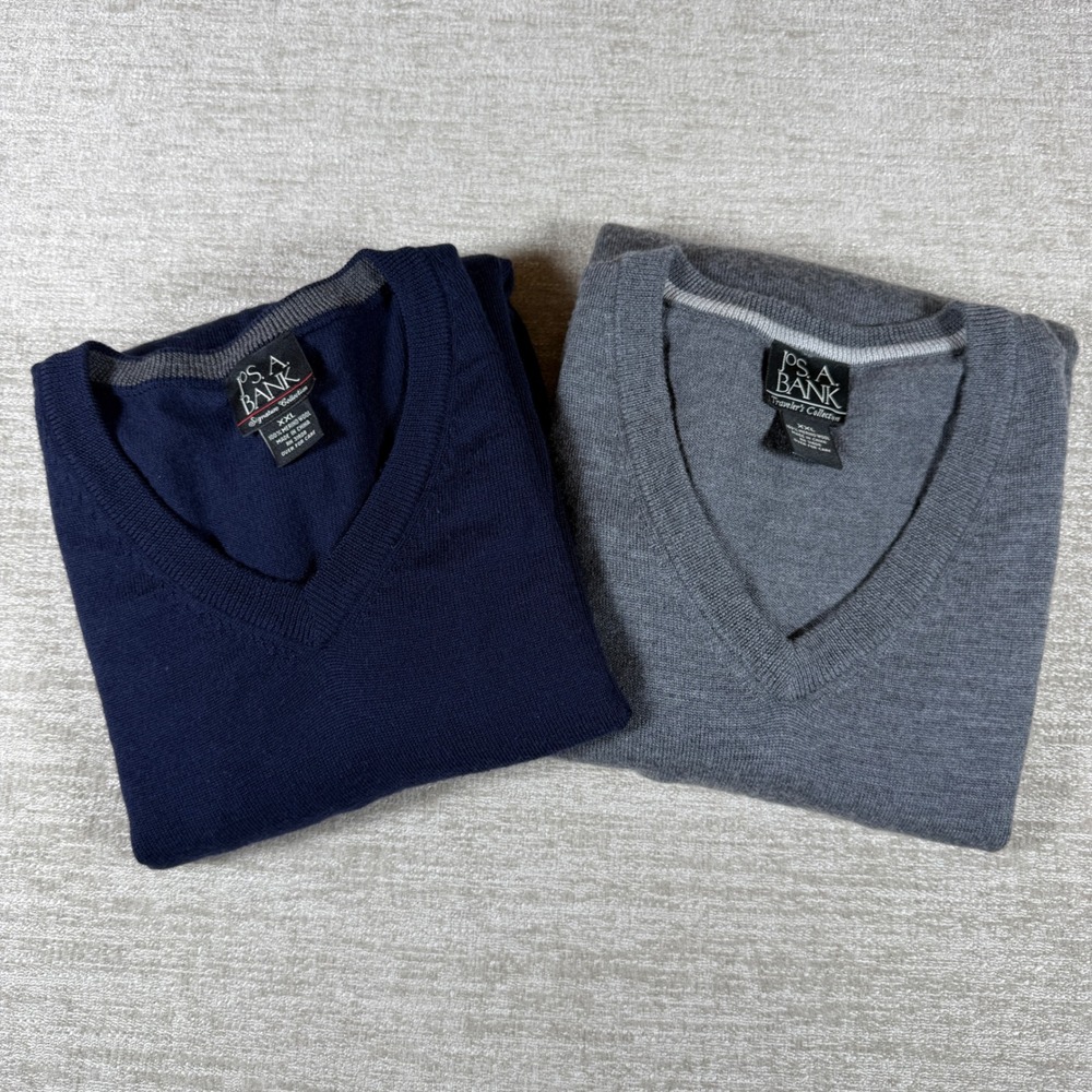 2 Pack Lot!‎  Jos. A. Bank V-Neck Sweater Mens XXL Navy Grey 100% Merino Wool